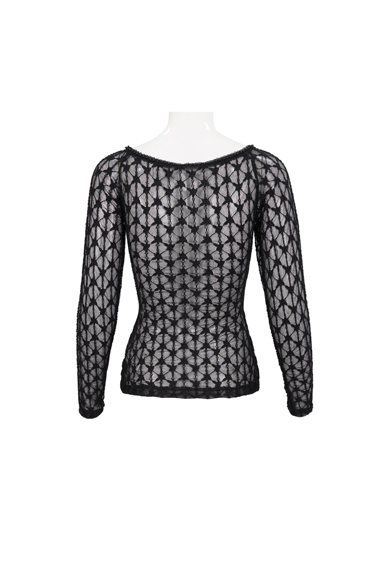 Schwarzes Spitzen-Netz vorne mit roten Rauten, langärmelig, transparent, Punk-T-Shirt für Damen