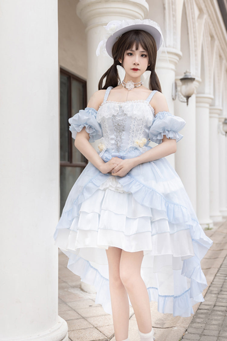 Light Blue [Rose Of The Night Sea And Starry Sky] Off Shoulder Multi-Layered Ruffle Embroidery Sweet Lolita Dress