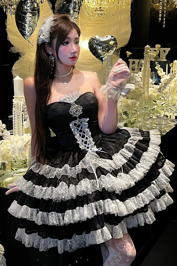 Black [Heartbeat at First Sight] Off Shoulder Sleeveless Multi-Layered Ruffle Bowknot Lace Lace-Up Sweet Princess Gorgeous Lolita Dress