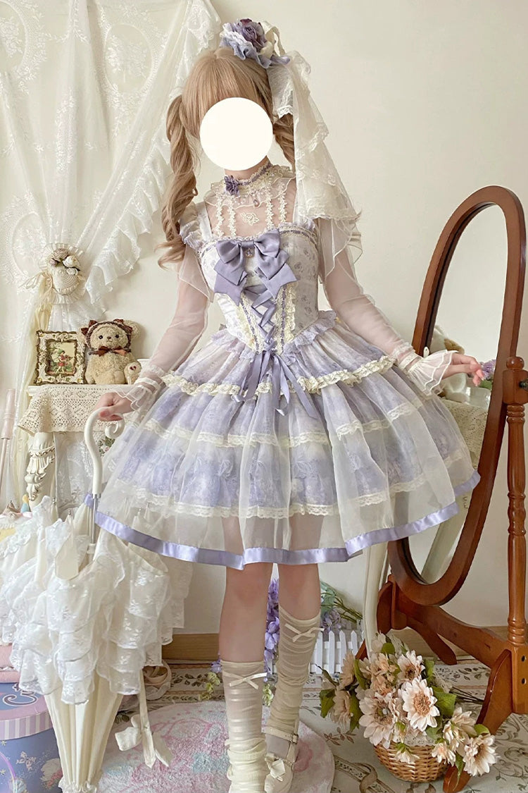 Purple [Spring Blossoms & Rainy Dreams] Square Collar Flutter Sleeves Triple-Layered Printed Ruffled Embroidered Bow Lace-Up Sweet Balletcore Lolita Jsk Dress