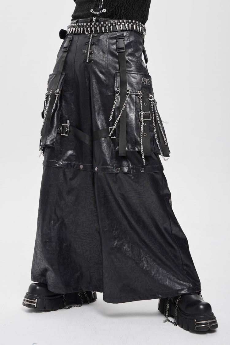 Black Big Pockets Straps Chain Men's Punk Pants