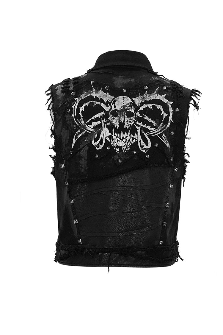 Black Heavy Metal Rivet Back Printed Coarse Twill Worn Out Men's Punk Waistcoat