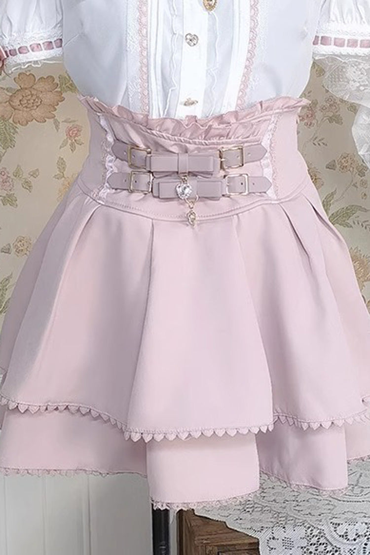 White/Pink Lapel Collar Short Sleeves Double-Layered Ruffle Bowknot Sweet Jirai Kei Set