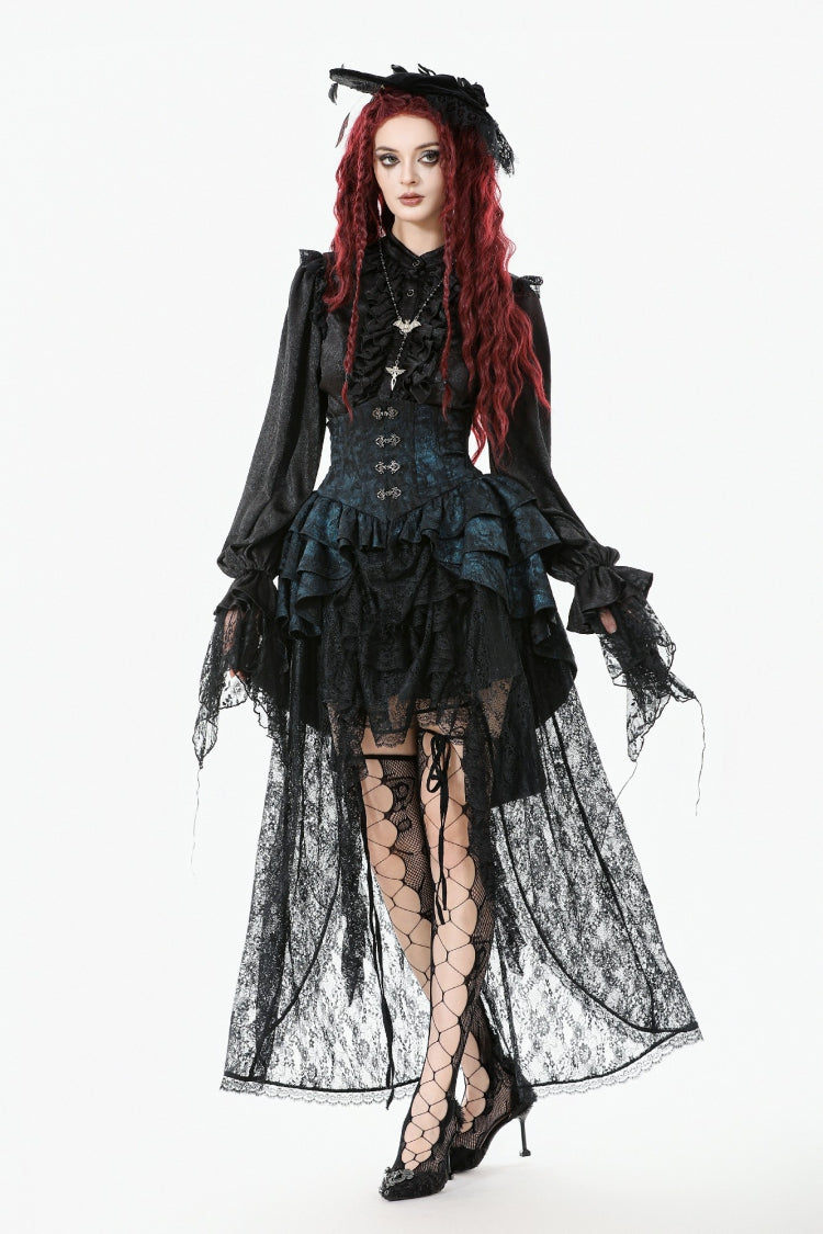 Schwarz/blauer Gothic-Damenrock mit hoher Taille, Schnalle und Schnürung, mehrlagig, unregelmäßiger Schwanz