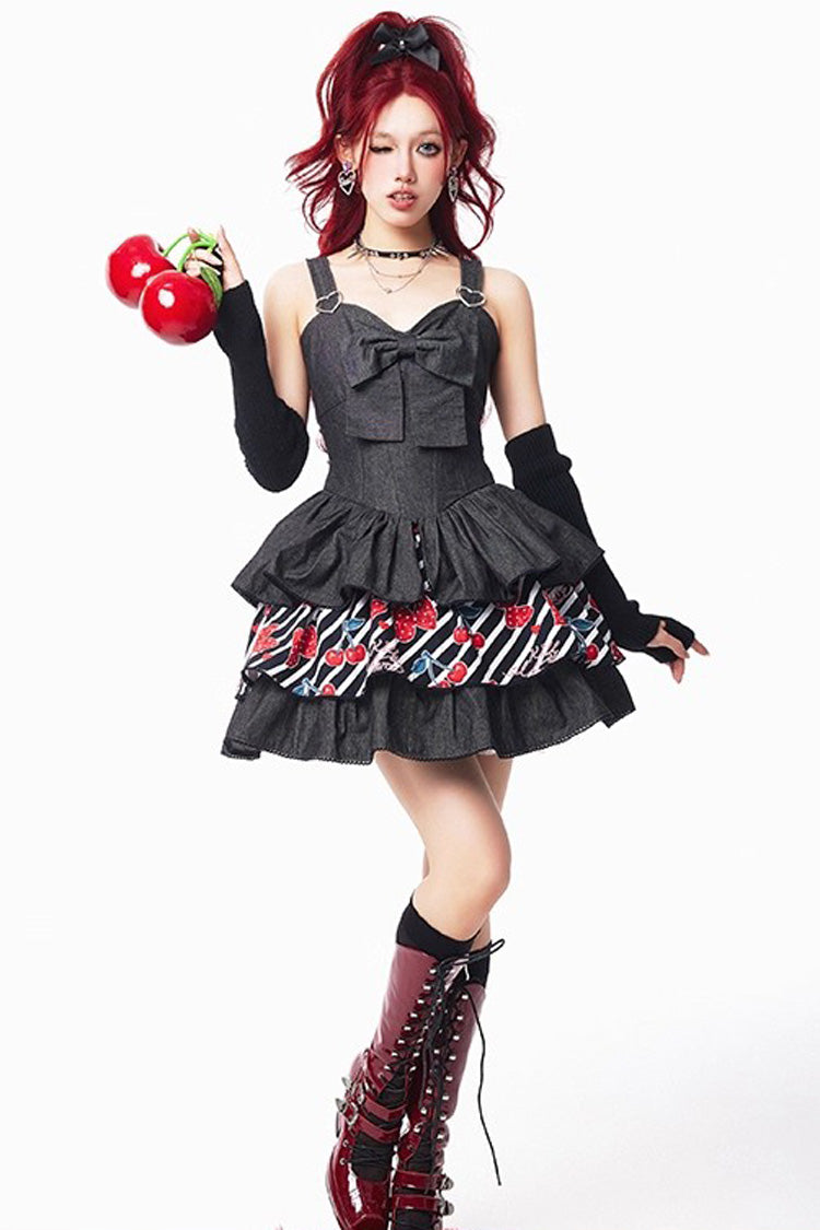 Black [Cherry] Sleeveless Triple-Layered Print Ruffle Bowknot Denim Sweet Japanese Vintage Lolita Jsk Dress