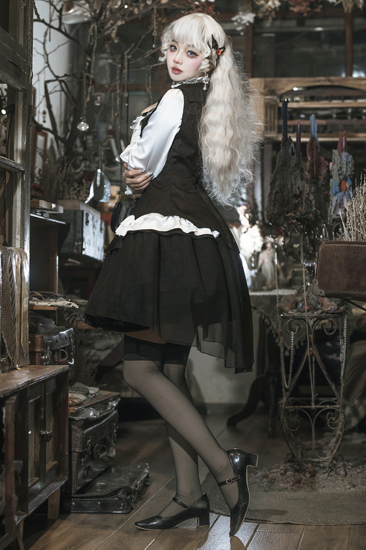 Black/White [The Duke of Blood] Multi-Layered Ruffle Bowknot Gothic Lolita Vest Skirt Set