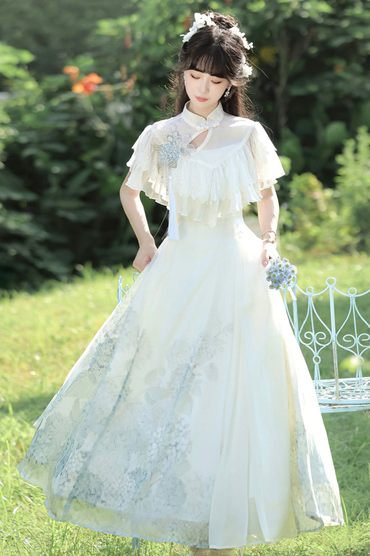 Robe Lolita élégante de style chinois doux avec manches courtes imprimées, volants en dentelle et message d'hortensia blanc 