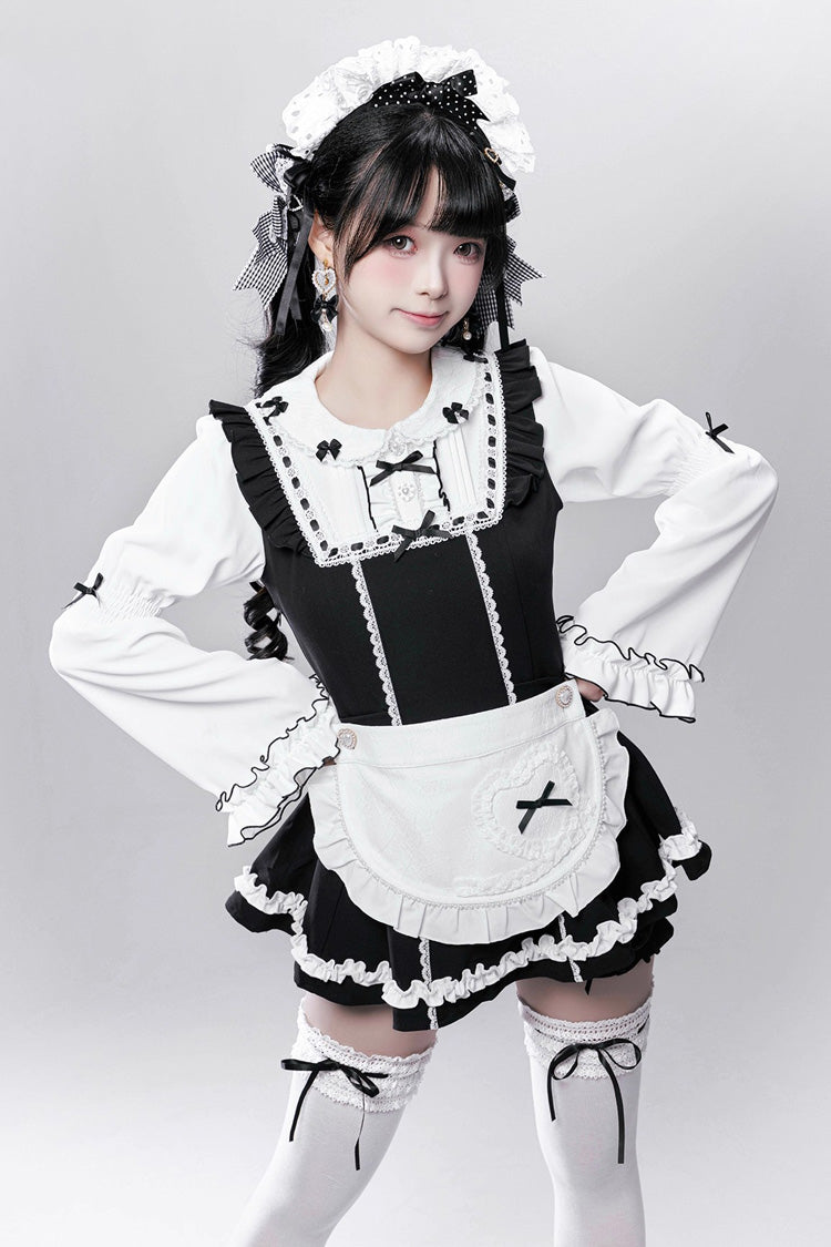 Black/White [Showcase Doll] Japanese Maid-Style Long Sleeves Ruffle Bowknot Jirai Kei Japanese Dress Shorts Set with Detachable Apron