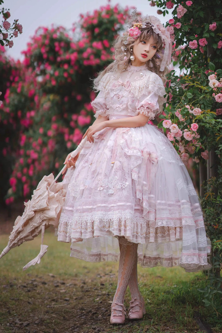 White/Pink [Realm of Sunset] Short Sleeves Printed Ruffled Hanayome Bow Lace Gorgeous Sweet Lolita Dress Set