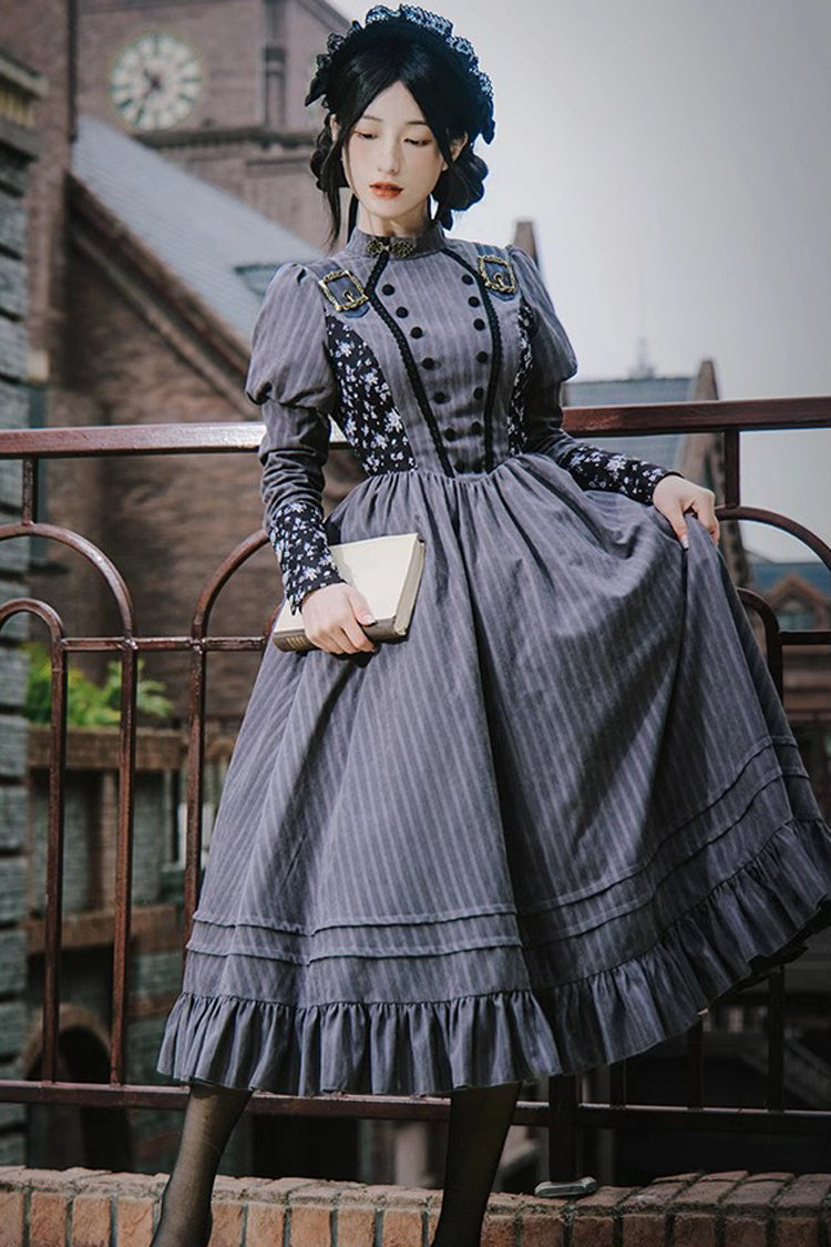 Gray Stripes Print Long Sleeves Classic Lolita Dress