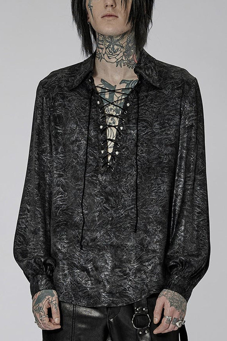 Black/Silver Stand Collar Long Puff Sleeves Print Lace-Up Metal Decoration Mens Gothic Blouse
