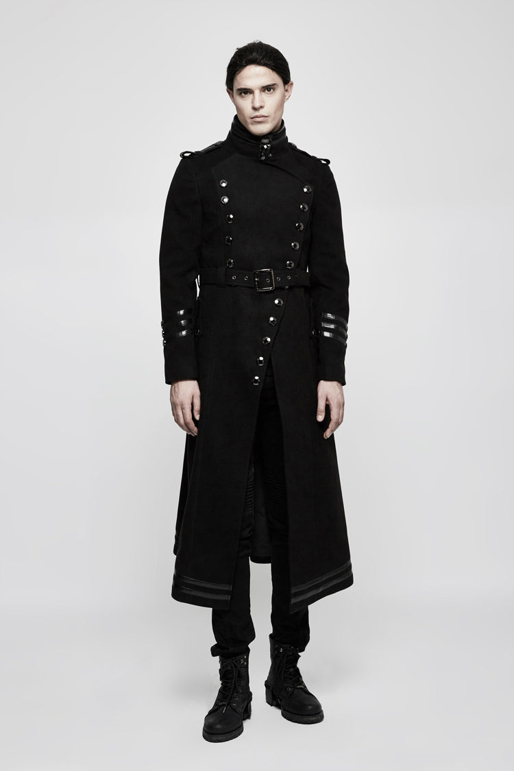 Black Military Uniform Double Breasted Men's Long Gothic Coat With Belt