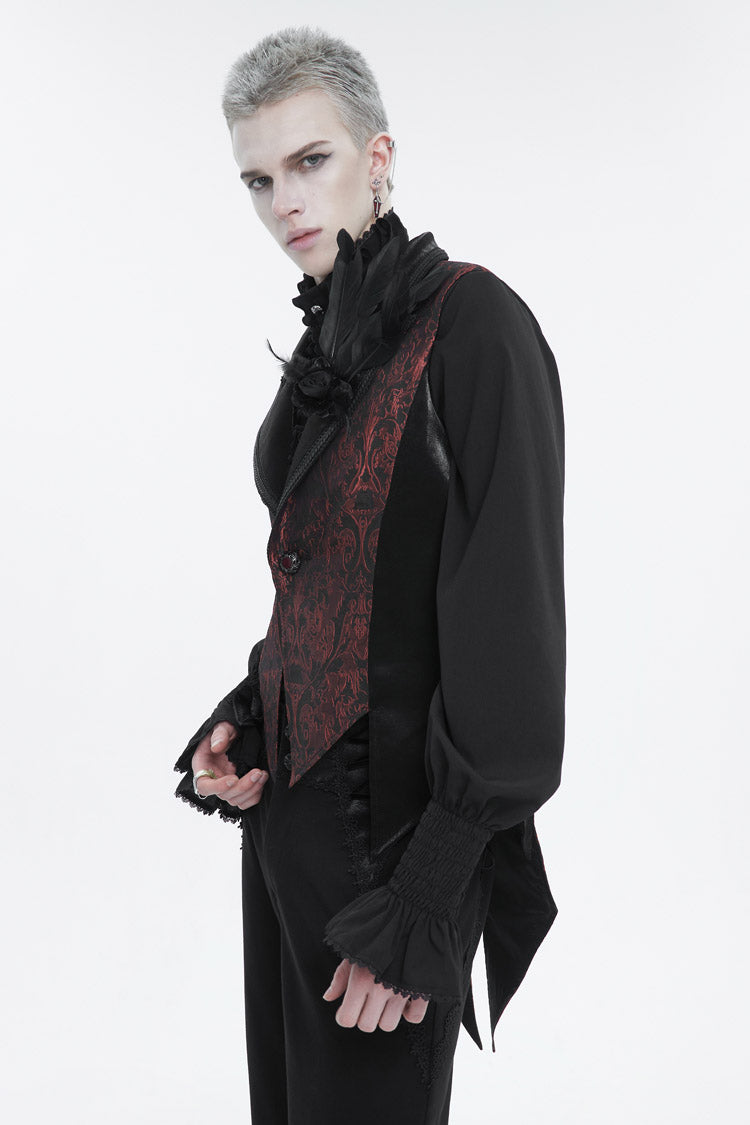 Black/Red Vintage Dark Pattern Men's Gothic Vest With Brooch