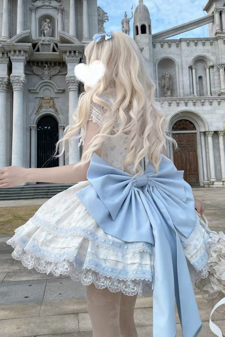 Blue [First Love Rose] Multi-Layered Print Ruffle Bowknot Lace Sweet Lolita Jsk Dress Set