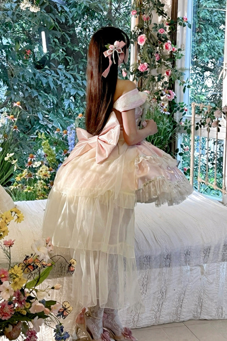 Robe Lolita Princesse Douce Romantique à Nœud Papillon en Dentelle à Lacets à Volants à Double Couche avec Encolure Bateau [Tulip Love Song] Rose 