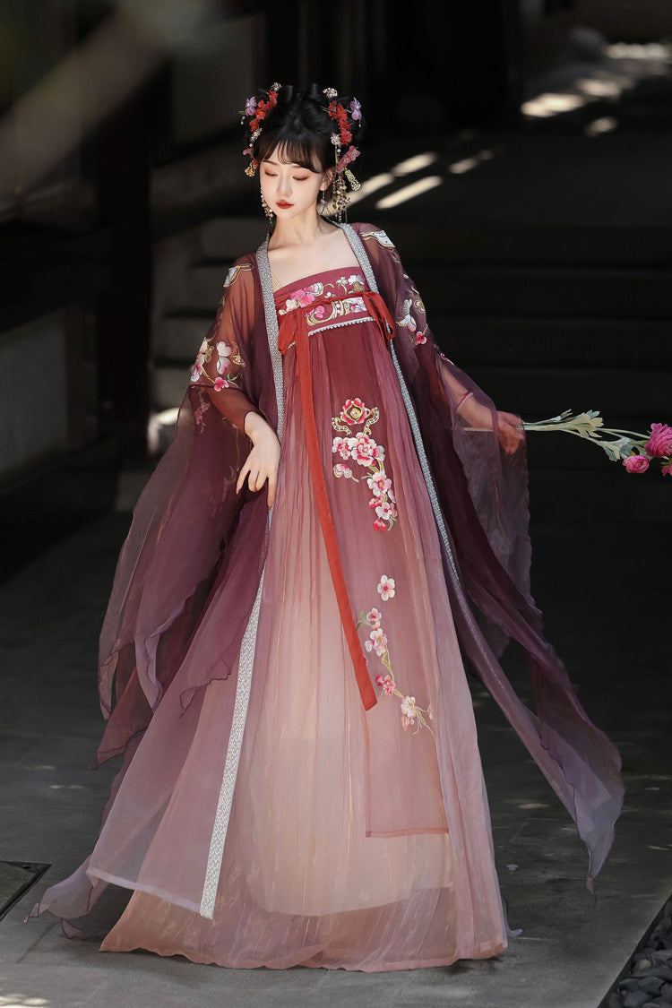 Red Long Sleeves Embroidery Sweet Tang-style Hezi Hanfu Dress Full Set