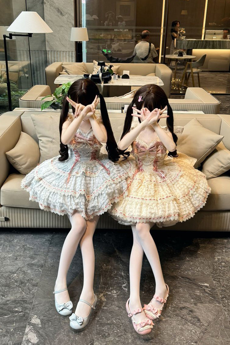Blue [Song of Floral Letters] Sleeveless Triple-Layered Bowknot Lace-Up Sweet Lolita Jsk Dress