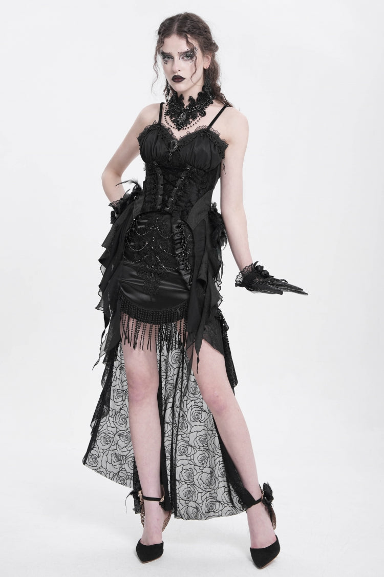 Black Embroidery Stitching Lace Mesh Women's Gothic Skirt With Train