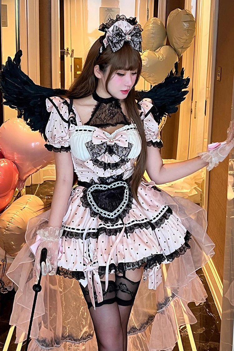 Pink [Apprentice Cupid] Halterneck Short Sleeves Print Ruffle Bowknot Lace Maid Sweet Lolita Dress