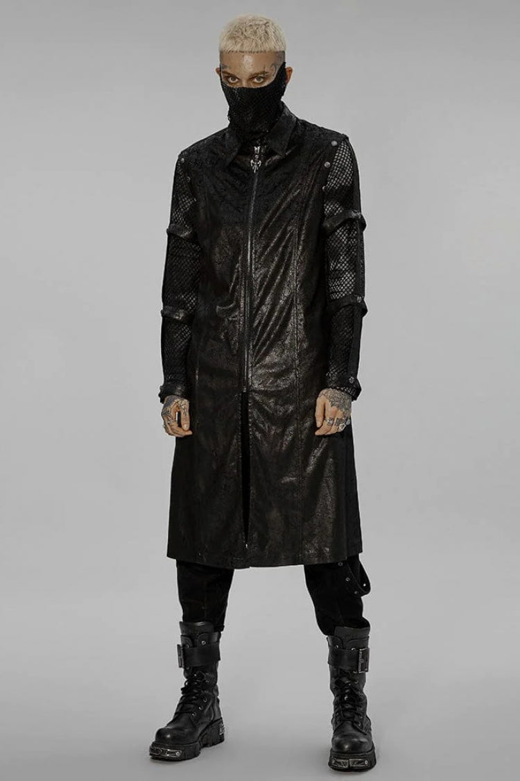 Black Stand Collar Metal Detachable Hollow Long Sleeves Mens Steampunk Coat