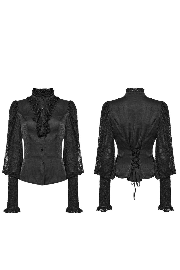 Schwarze Stehkragenspitze Lange Ärmel Rüschen Hohl Damen Gothic Bluse