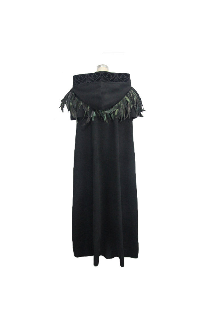 Black Detachable Feather 3D Ribbons Decorated Woollen Hooded Women's Gothic Cape