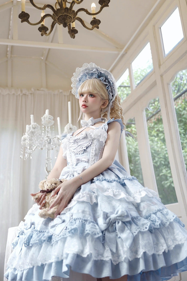 Robe Lolita Jsk bleue [Super Cute Belia] sans manches à trois volants superposés avec nœud en dentelle douce et élégante 