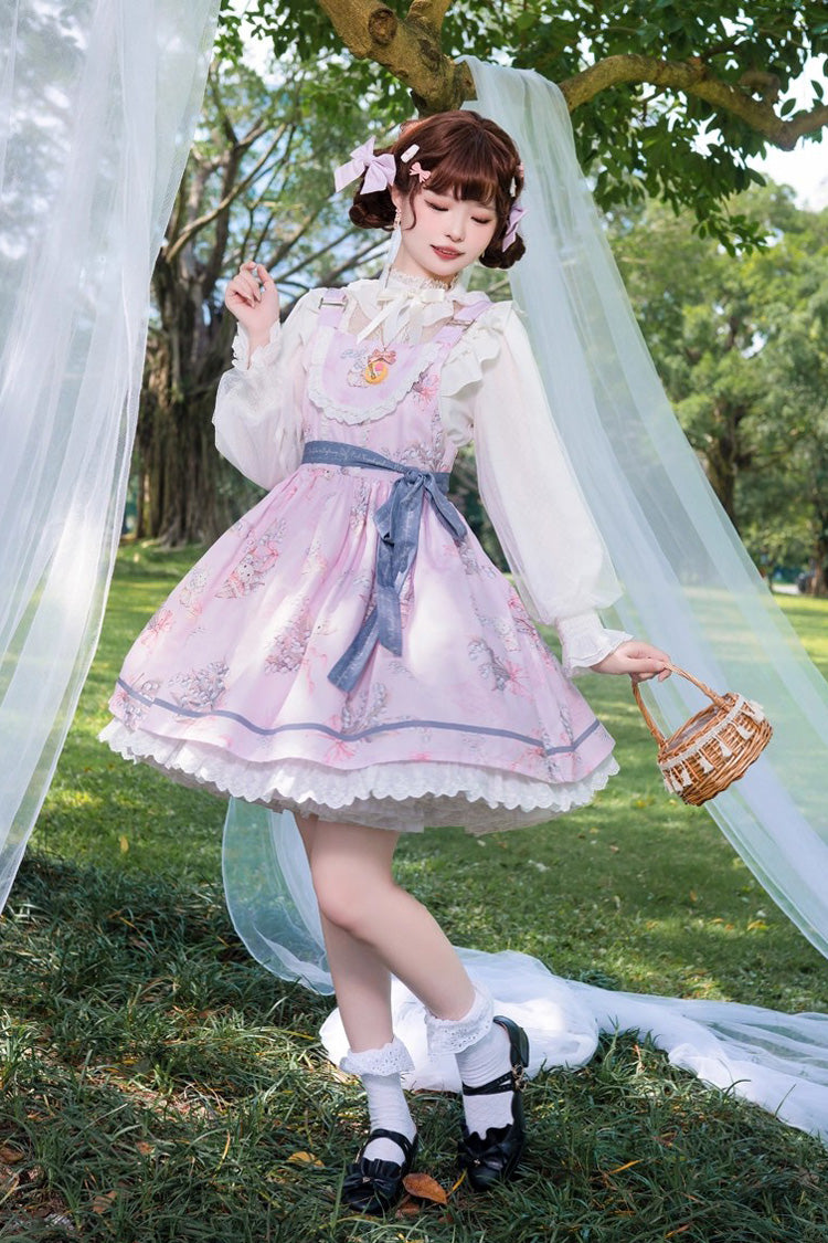 Pink [Lily of the Valley Rabbit] Sleeveless Print Ruffle Bowknot Daily Sweet Lolita Strap Dress