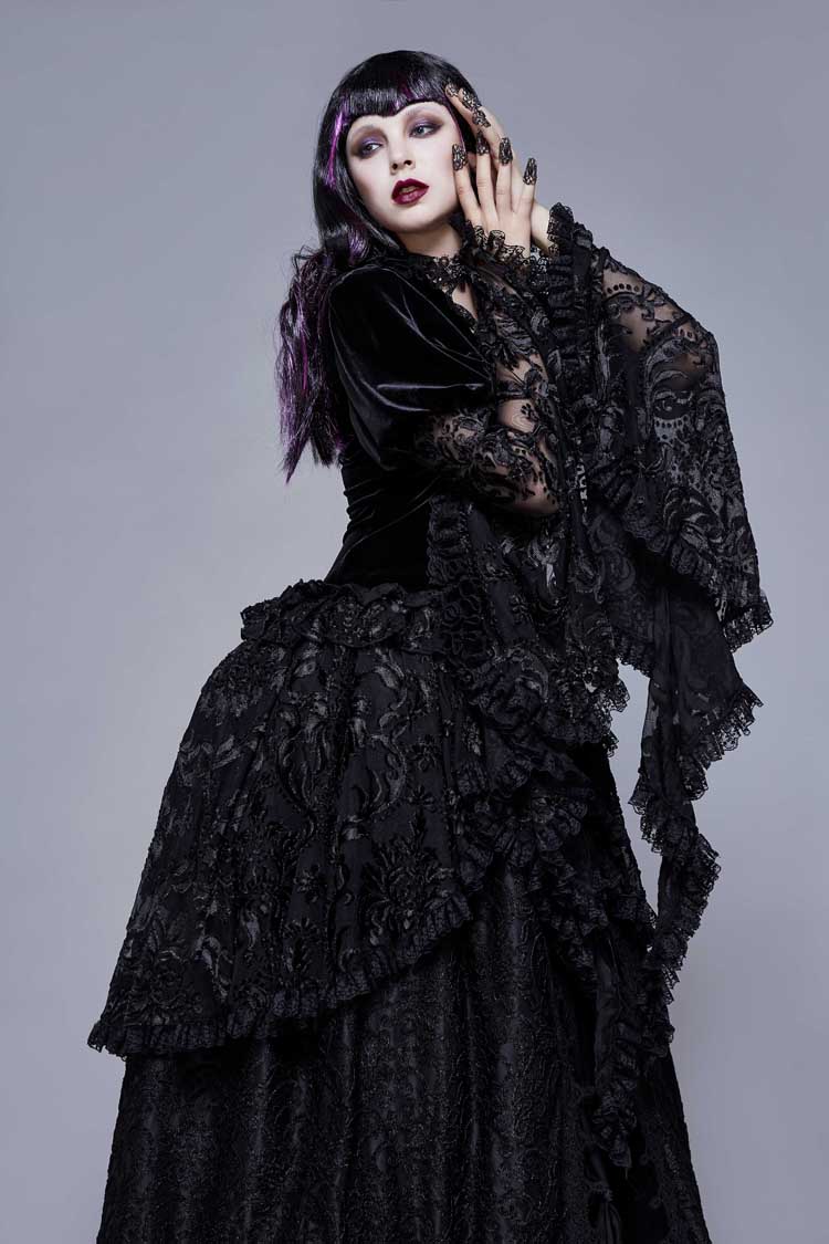 Black Metal Buckle Collar Front Chest Hollow-Out Flare Sleeve Lace Cuff Dress Hem Women's Gothic Coat