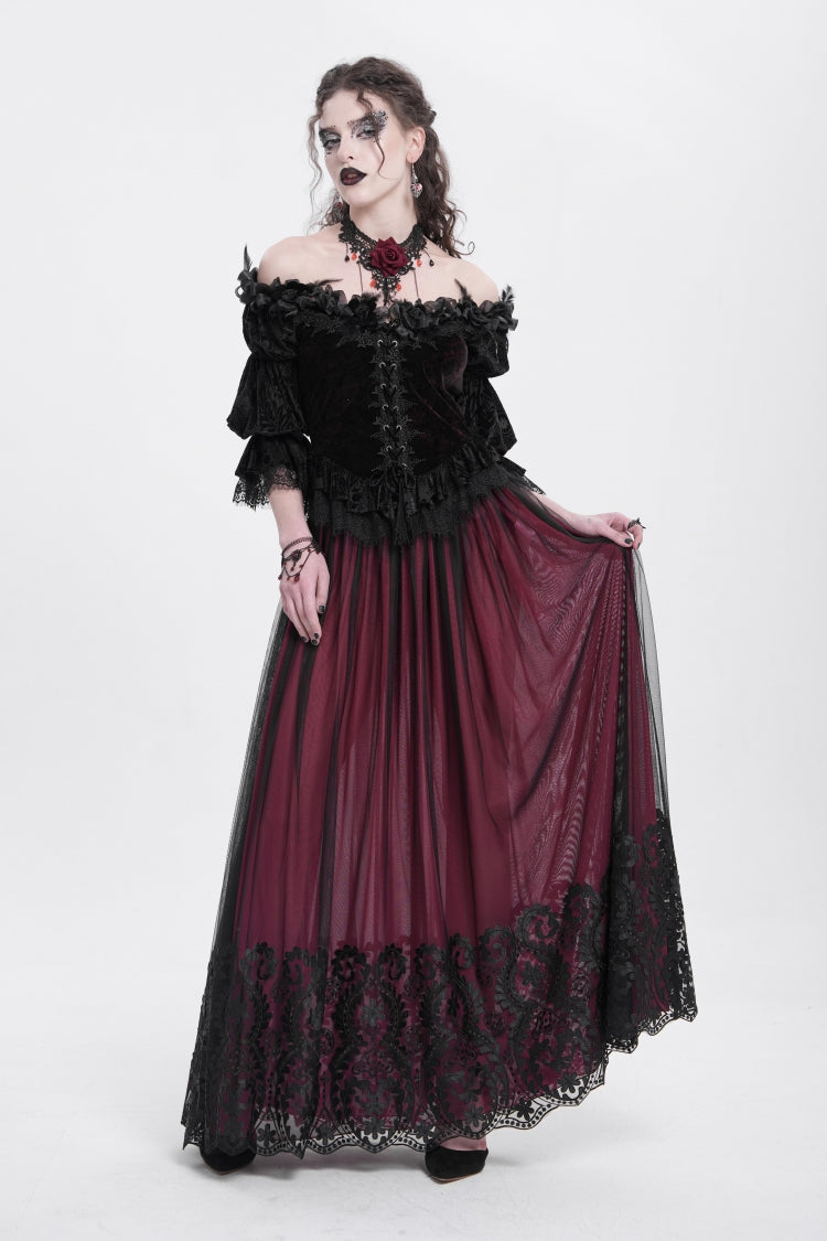 Red Off Shoulder Long Sleeves Ruffle Embroidery Lace-Up Women's Gothic Blouse