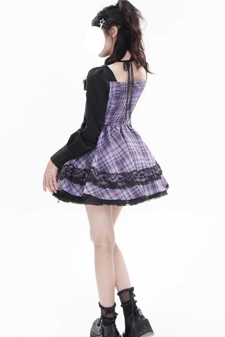 Purple [Witch Time] Long Sleeves Plaid Print Bowknot Lace Sweet Lolita Dress