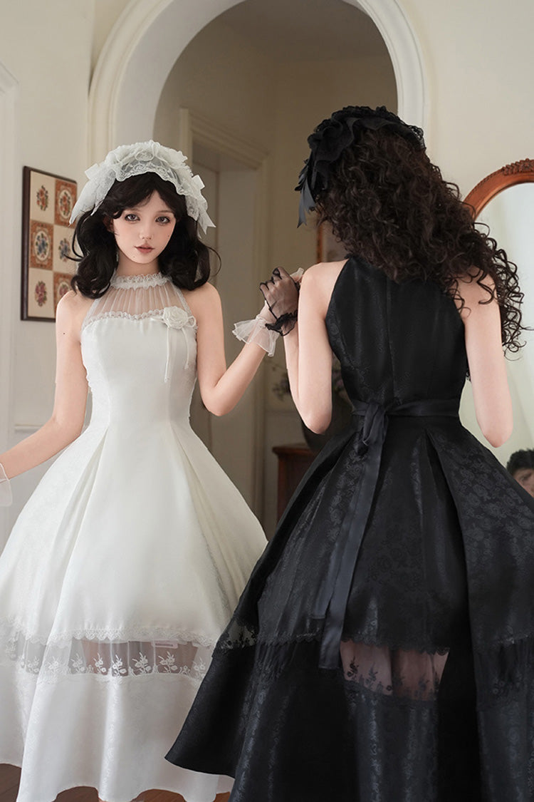 White [Flowers in the Mist] Off Shoulder Halterneck Print Ruffle Gothic Elegant Lolita Dress