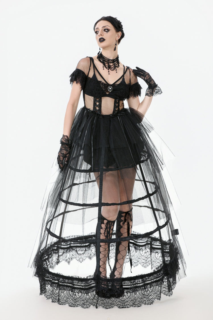 Black V Collar Short Sleeves Multi-Layered Sheer Mesh Women's Gothic Dress