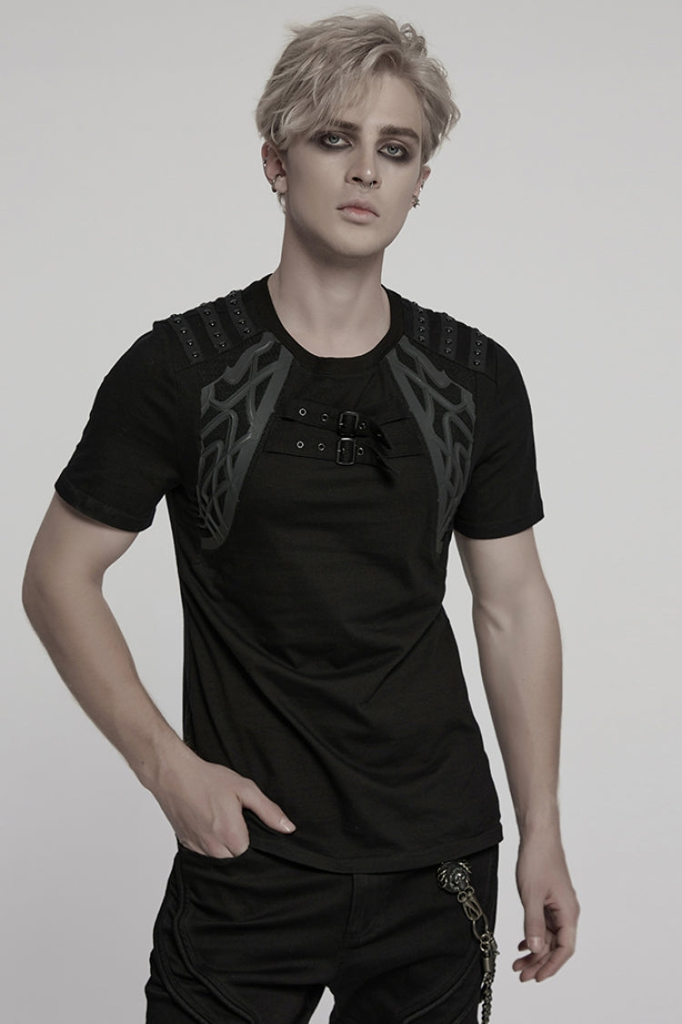 T-shirt punk pour homme à manches courtes et col rond noir avec sangle à boucle cloutée 