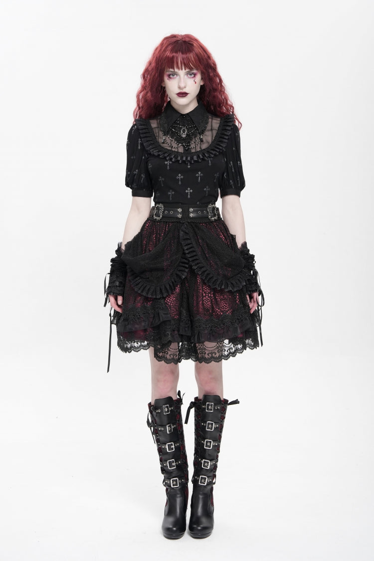 Black/Red Multi-Layered Ruffle Buckle Straps Women's Gothic Skirt