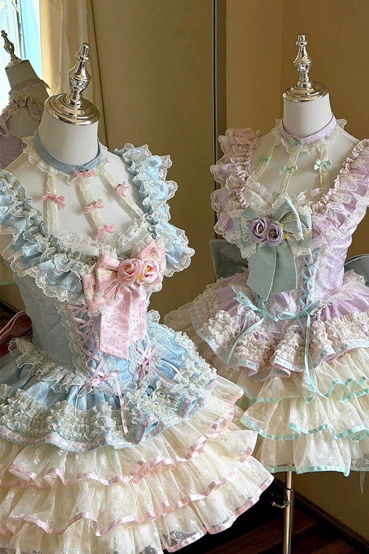 Robe bleue [langage floral d'eros] dos nu multi-couches à volants avec nœud papillon en dentelle Rose à lacets robe de ballet douce Lolita Jsk