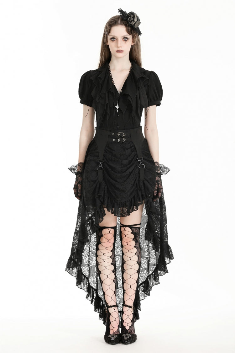 Jupe longue gothique princesse noire pour femmes, taille haute, en dentelle, à lacets, boucle, ourlet à queue haute/basse