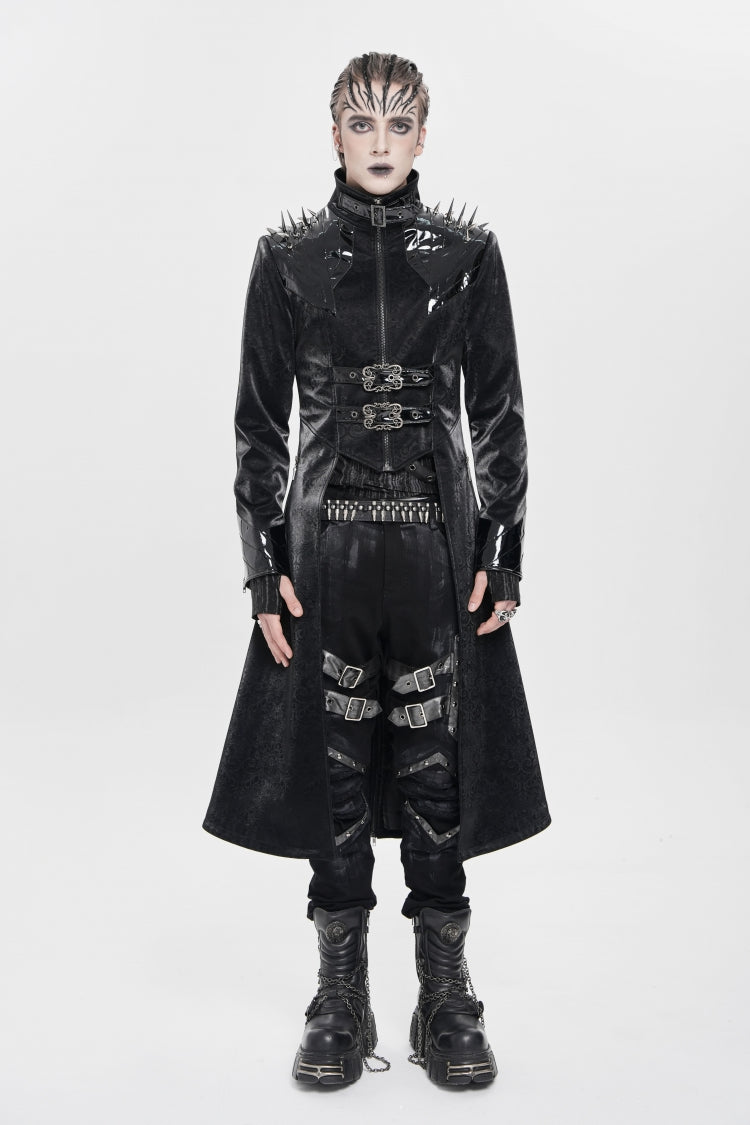 Black Stand Collar Floral Print Rivet Buckle Zipper Straps Men's Punk Coat