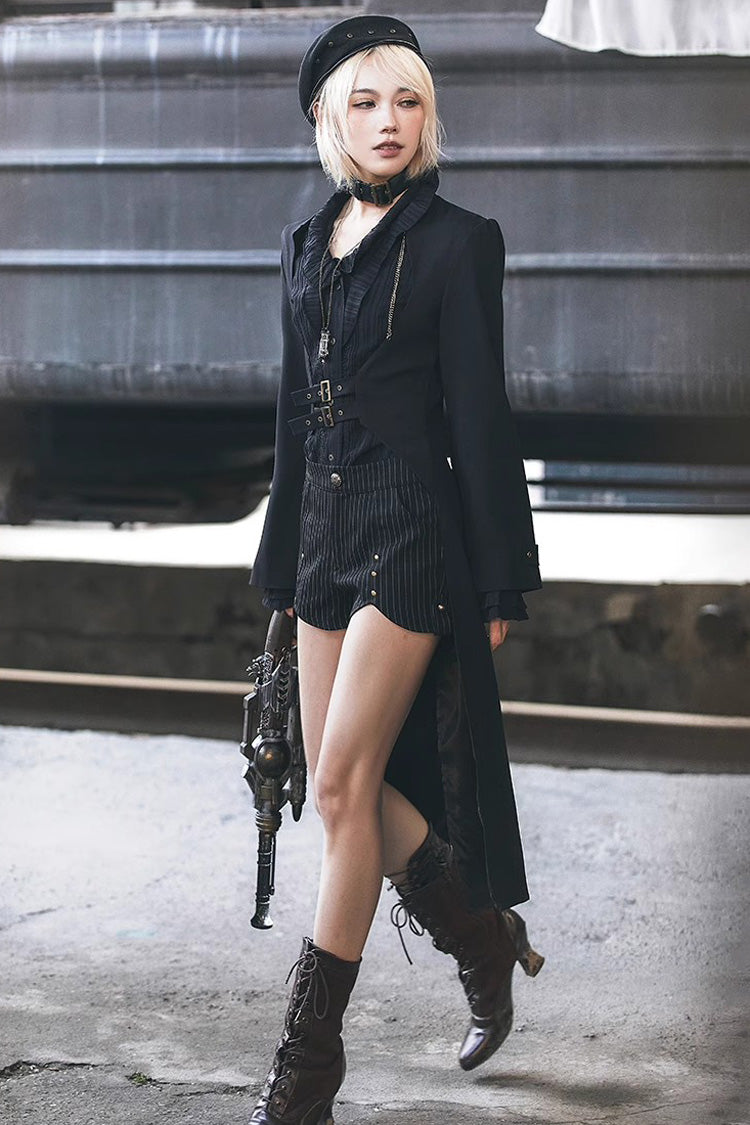 Black Long Sleeves Lotus Leaf Collar Slim Womens Classic Gothic Blouse