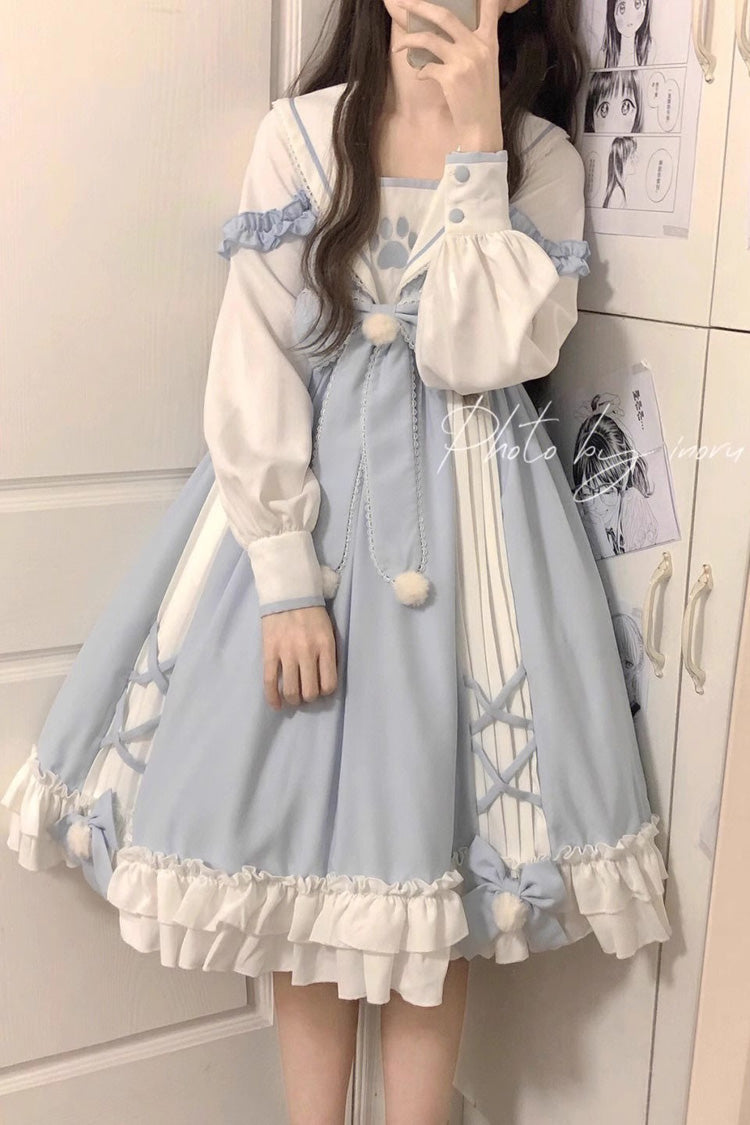 White/Blue Navy Collar Long Sleeves Print Ruffle Bowknot Sweet Princess Lolita Dress