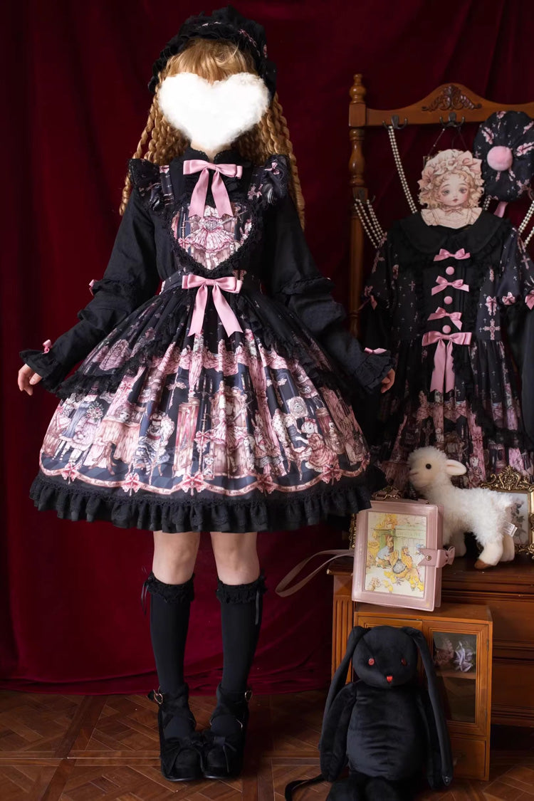 Black [The Case of the Missing Lamb] Print Ruffle Bowknot Lace Gothic Lolita SK Skirt