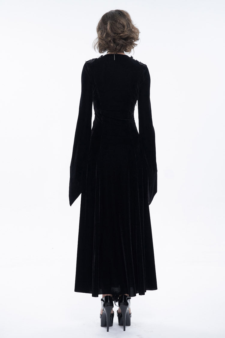 Black Embroidered Fringe Flared Sleeve Women's Gothic Dress