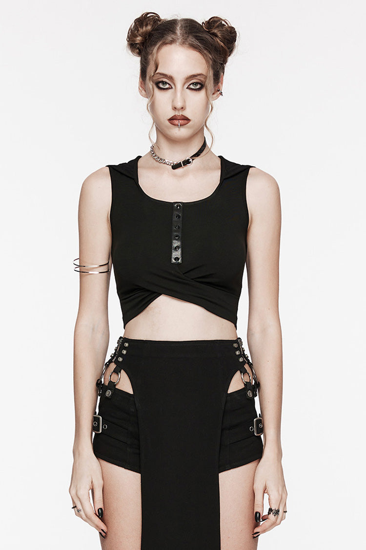 Black Sleeveless Cutout Crossed Hooded Women's Punk Tank Top