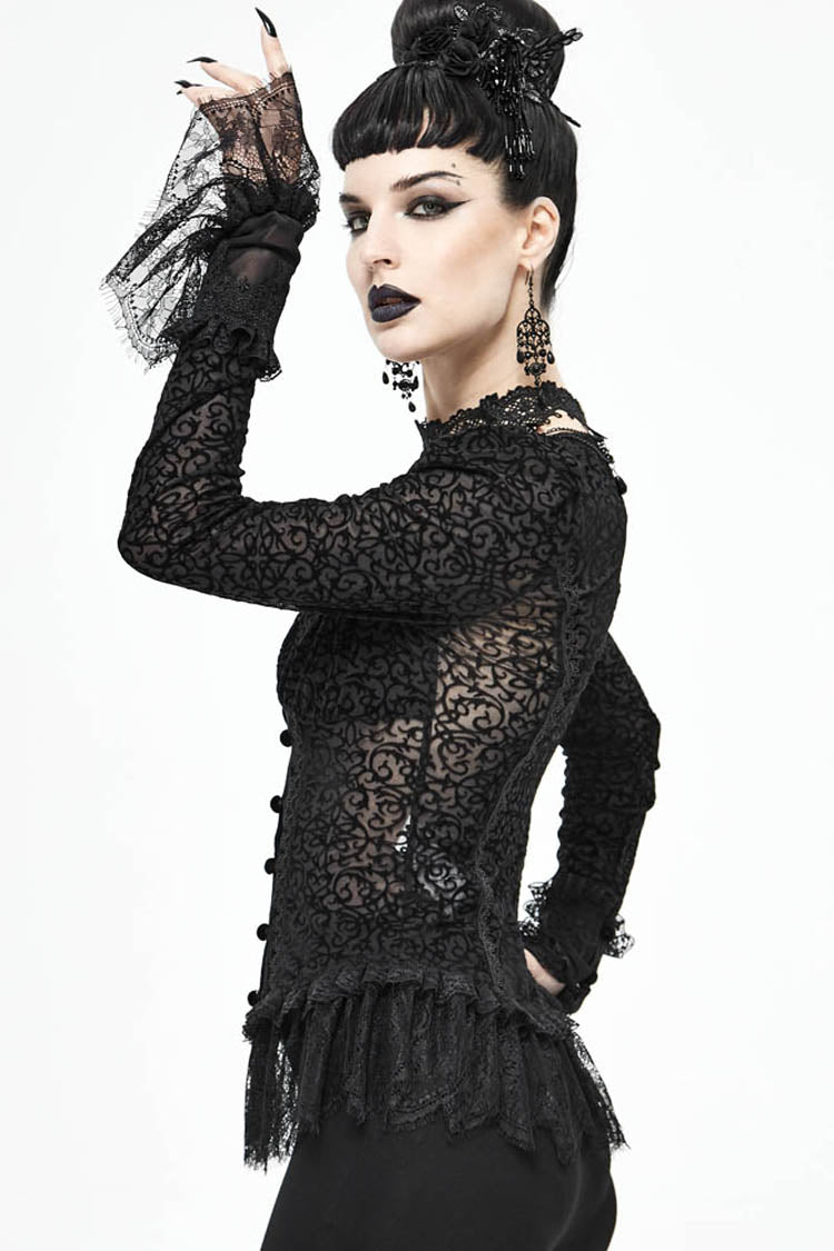 lack Gothic Flocking V-Neck Front Splice Velvet Long Sleeve Lace Hem Women's Blouse