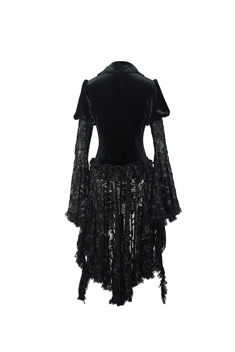 Black Metal Buckle Collar Front Chest Hollow-Out Flare Sleeve Lace Cuff Dress Hem Women's Gothic Coat