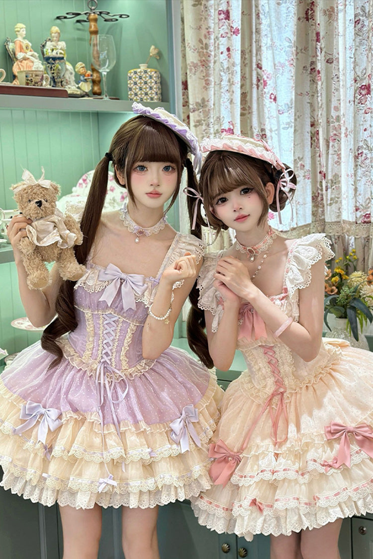 パープル [Flory Butterfly] ダブルレイヤード ラッフル ボウノット レース レースアップ スイート バレエ ロリータ Jsk ドレス 