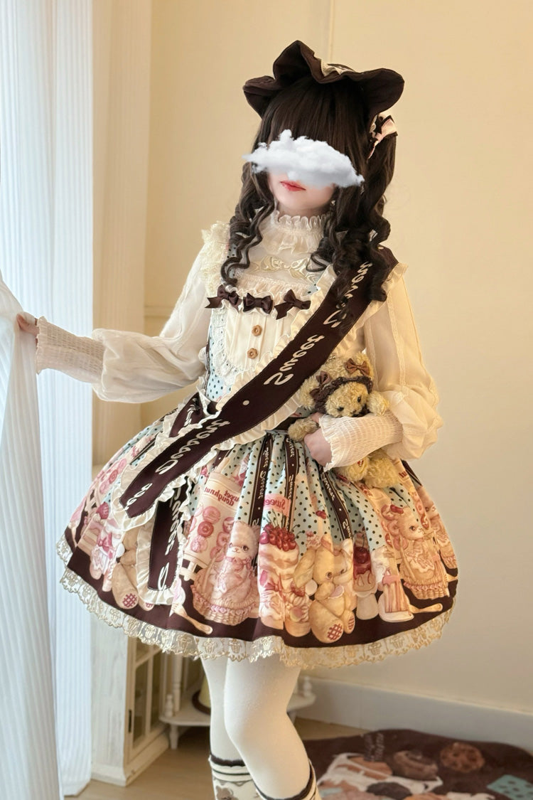 マルチカラー【キャットチョコレートパティスリー】ノースリーブプリントフリルリボンレース甘ロリータストラップドレス