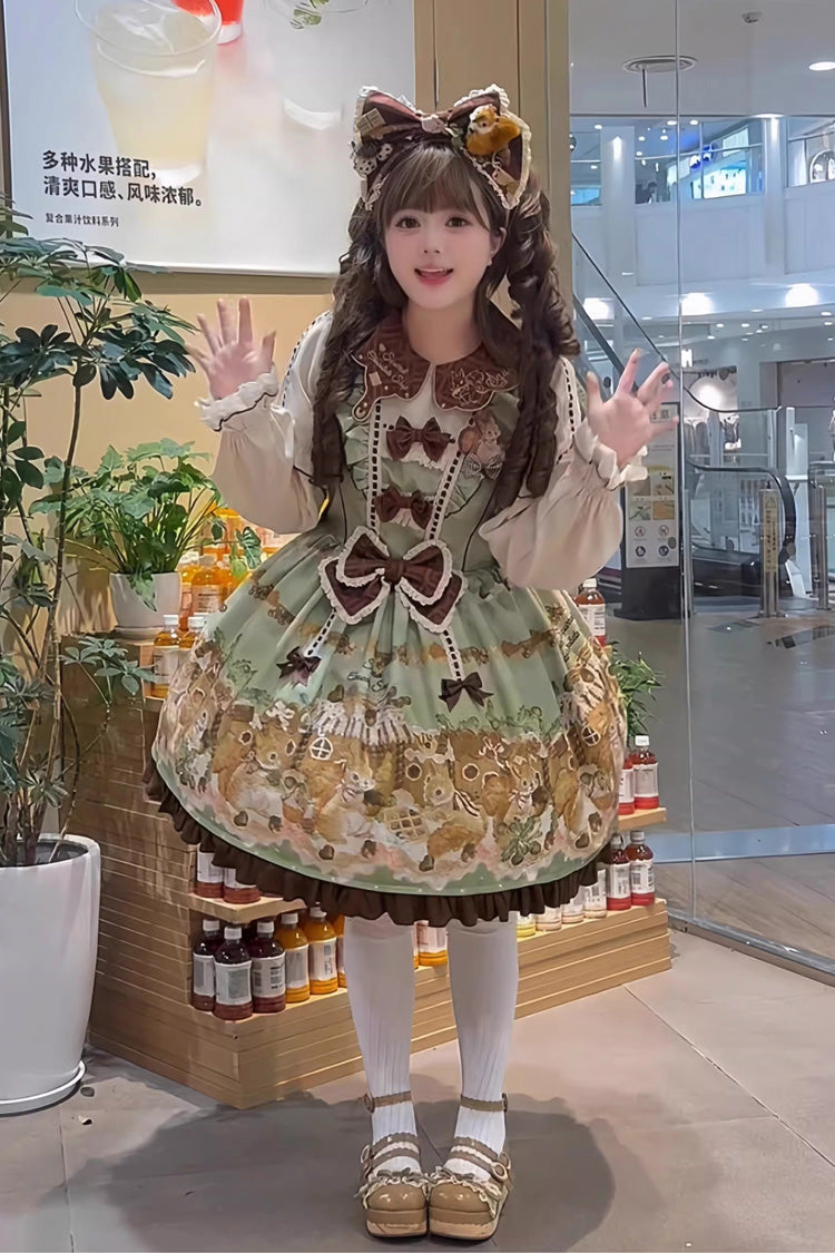 Green [Squirrel Chocolate Shop] Doll Collar Long Sleeves Printed Ruffled Bow Sweet Lolita Dress