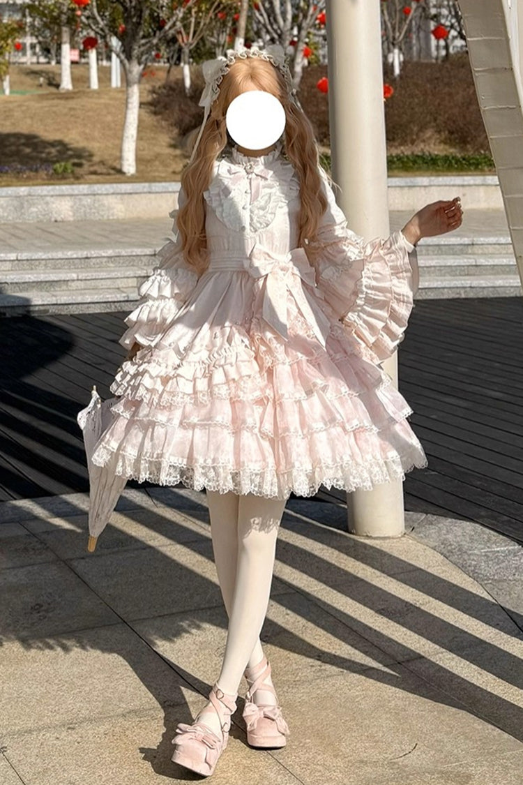 Pink [The Soloist Doll] Long Hime Sleeves Multi-Layered Print Ruffle Bowknot Asymmetric Sweet Lolita Dress