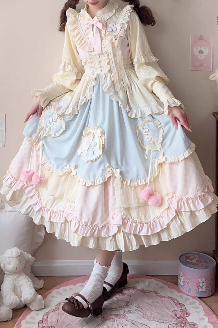 Multi-Color [Mianmian Macaron] Sleeveless Multi-Layered Ruffle Bowknot Lace Sweet Lolita Jsk Dress (Long Version)